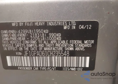 2012 Subaru Impreza Premium from USA, damaged, VIN JF1GPAD61CH235548